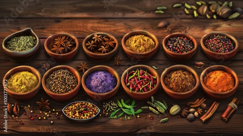 Bowls of various aromatic spices and culinary herbs Different seasoning red hot pepper paprika anise saffron black seeds nutmegs cardamom pods thyme gloves curcuma Condiments for cooking photo