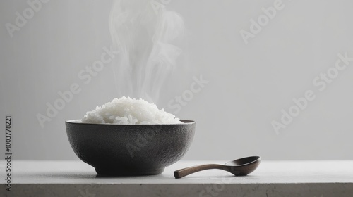 Steaming Bowl of Rice on a Simple Surface