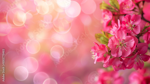 Border frame with pink cherry blossoms with a soft bokeh background. Copy space for design