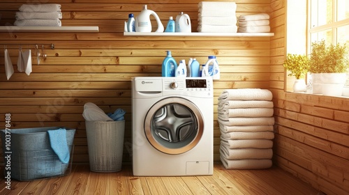 Modern laundry room with washing machine and supplies