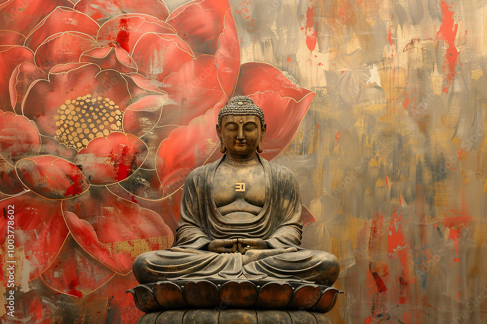Obraz premium Beautiful greeting card with ancient statue great Buddha to bright holiday composition