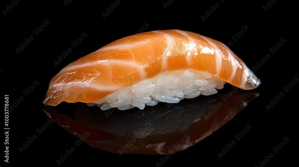 Fresh Salmon Sushi on Glossy Black Background Fresh Salmon Sushi on Glossy Black Background