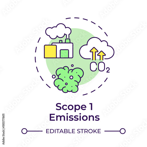 Scope 1 emissions multi color concept icon. Greenhouse gas, industry. Manufacturing pollution. Round shape line illustration. Abstract idea. Graphic design. Easy to use infographic, presentation