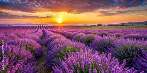 Lavender field bathed in warm sunset light with purple flowers, Worm's Eye View