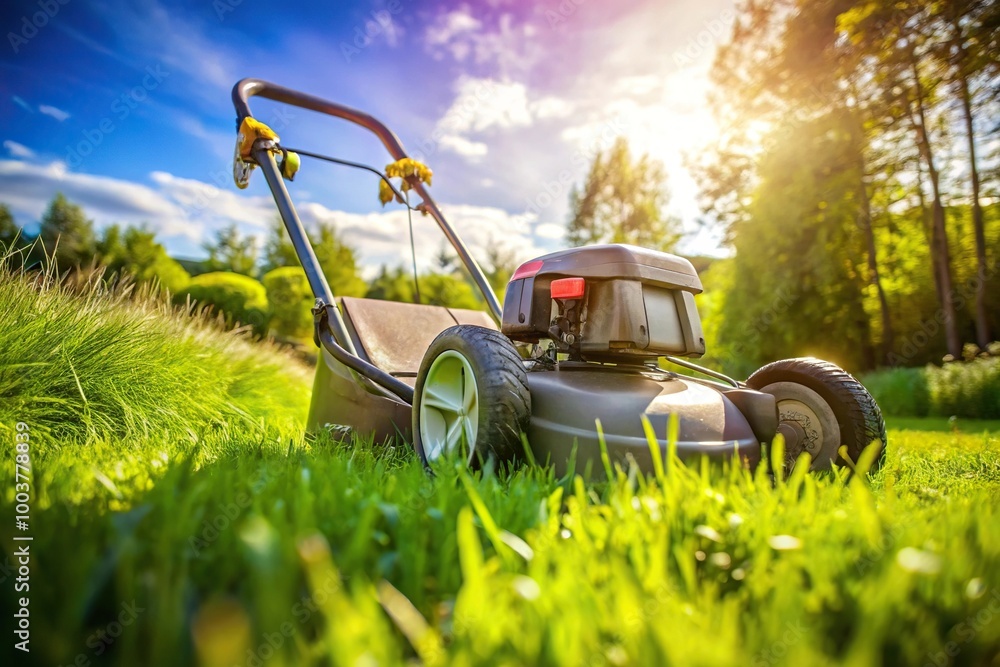 Fototapeta premium Lawn mower cutting grass in the garden from a worm's eye view