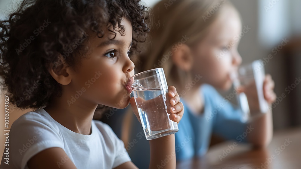 Child drinking water from a glass while sitting Child drinking water from a glass while sitting