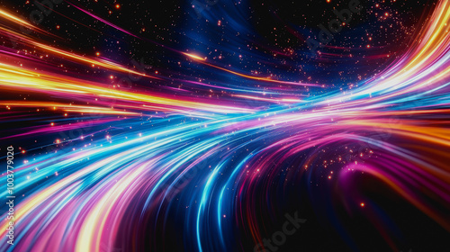 Futuristic neon waves and glowing particles in a surreal, cosmic dreamscape of digital energy
