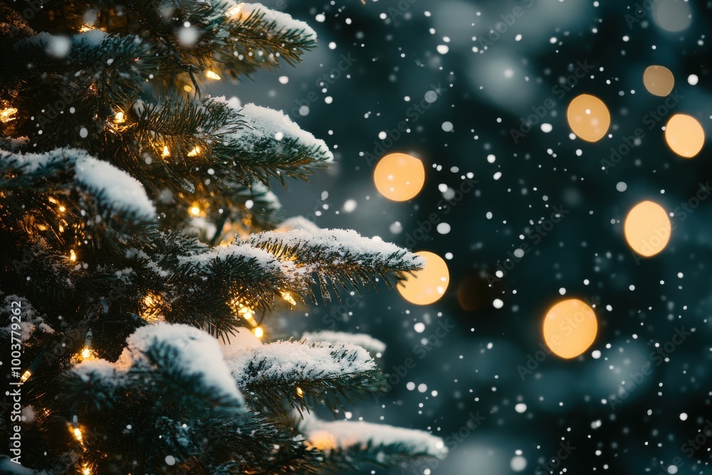 Christmas Tree Outdoors with Snow and Bokeh Lights Christmas Tree Outdoors with Snow and Bokeh Lights