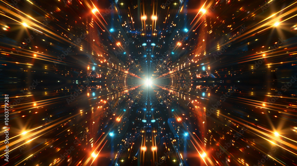 Fototapeta premium Futuristic light tunnel with glowing streaks and starry lights