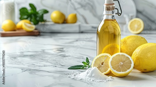 Vinegar baking soda and lemon on white marble table in kitchen space for text Eco friendly natural detergents photo