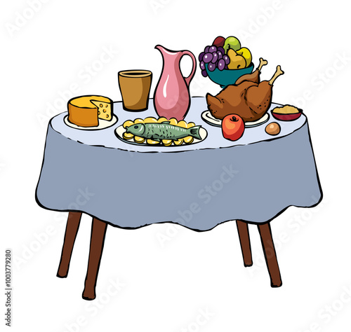 Vector drawing. Tasty feast food