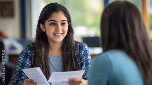 Young woman having an interview or conversation with another person