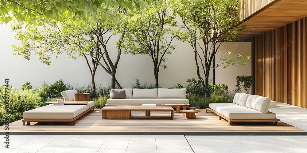 lounge chairs and tables.modern outdoor living room with trees concept. lounge chairs and tables.modern outdoor living room with trees concept.