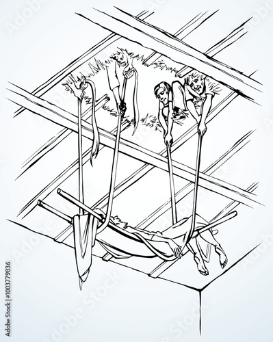 Vector drawing. The men dug up the roof to let the sick man in on a stretcher.