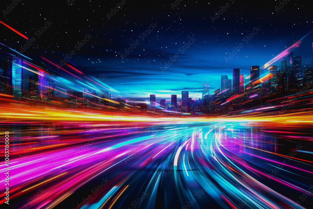 Fototapeta premium Vibrant futuristic twilight scene with satellite, light beams, and a starry sky