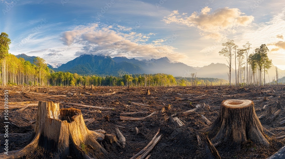 Deforested Landscape with Mountains and Sunset Sky Deforested Landscape with Mountains and Sunset Sky