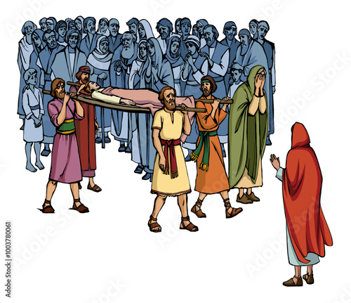 Vector drawing. Funeral of the son of a widow