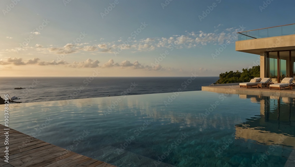 A stylish infinity pool overlooks the ocean, featuring a spacious balcony for relaxation and leisure. A stylish infinity pool overlooks the ocean, featuring a spacious balcony for relaxation and leisure.