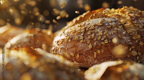 Close up shot of freshly baked bread with crust and seeds that just came out of the bakery oven photo