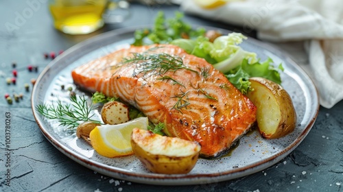 roast salmon with sliced baked potato fresh lettuce and tarragon horseradish sour cream sauce on plate on concrete table