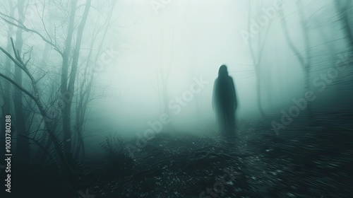 A spooky blurred figure Standing in a foggy creepy forest