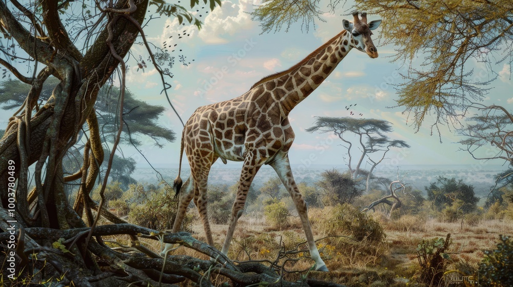 Fototapeta premium A giraffe strides gracefully across a verdant landscape framed by old gnarled trees exhibiting its tall stature and distinctive spotted coat