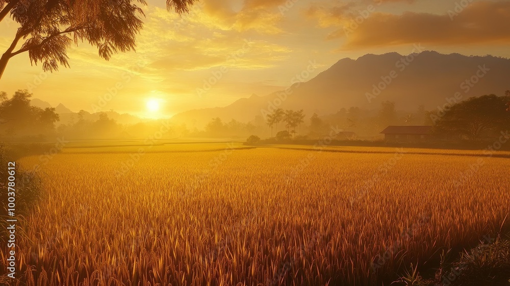 Serene Golden Sunrise Over Rice Fields Serene Golden Sunrise Over Rice Fields