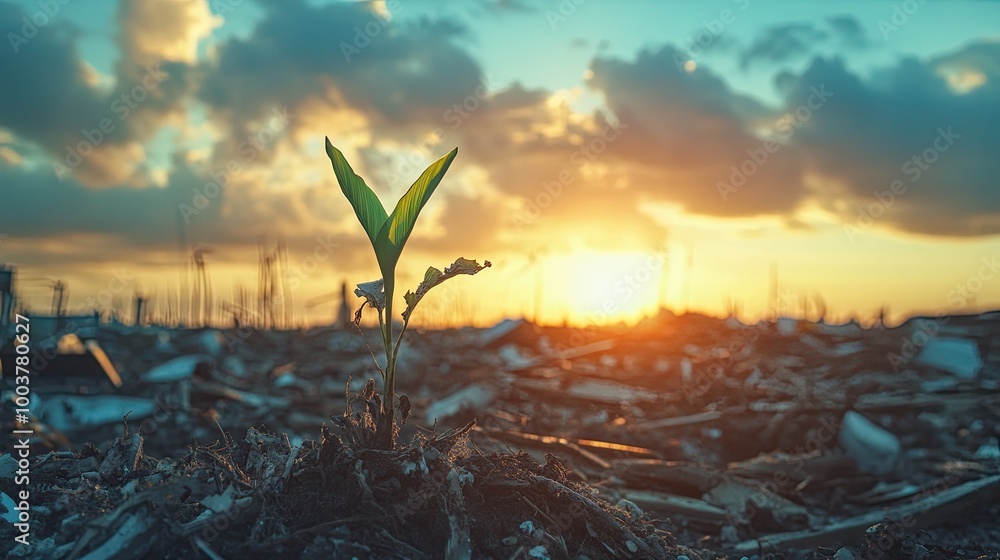 A small plant growing in a field of debris. This photo illustrates the concept of resilience and new beginnings. A small plant growing in a field of debris. This photo illustrates the concept of resilience and new beginnings.