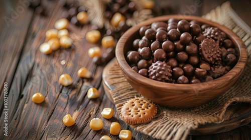 Puffed corn crackers chocolate covered on the wooden table photo