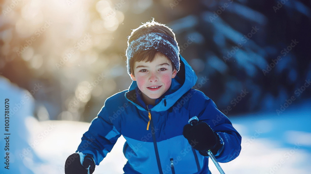 Εκτύπωση καμβά A little boy is skiing in a snowy winter forest with a smile on his face