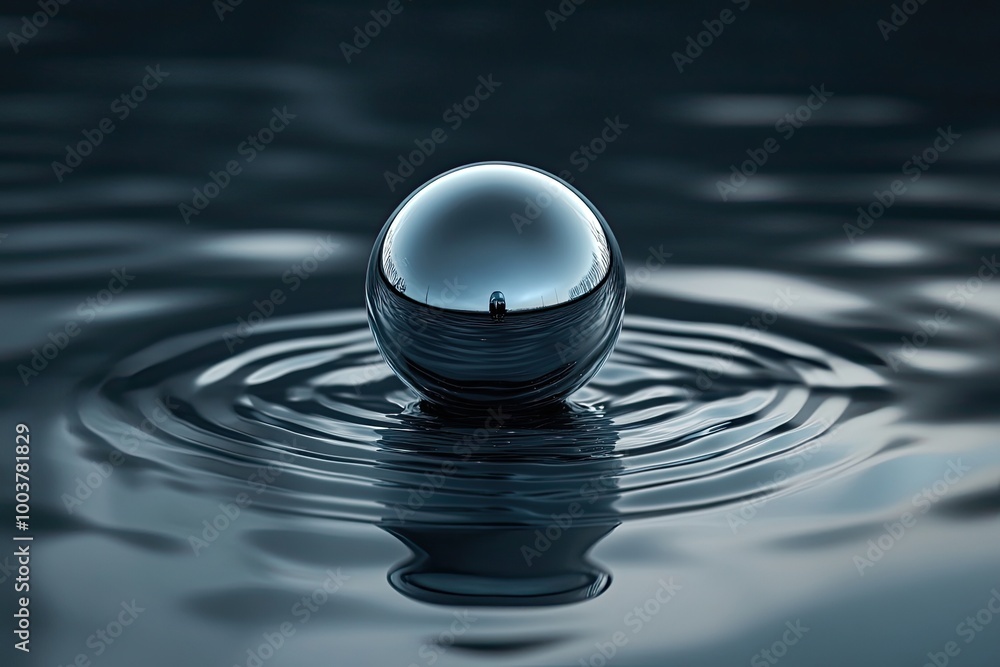 A metallic sphere sits on water, creating ripples. This image is perfect for concepts like reflection, serenity, and balance. A metallic sphere sits on water, creating ripples. This image is perfect for concepts like reflection, serenity, and balance.