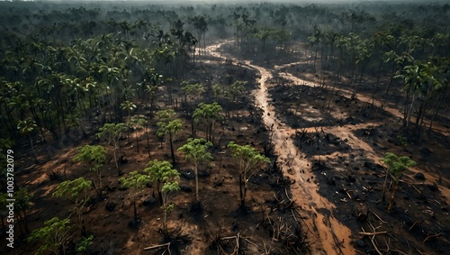 A vast Amazon rainforest showing deforested areas with scorched earth and fleeing wildlife, representing environmental destruction.