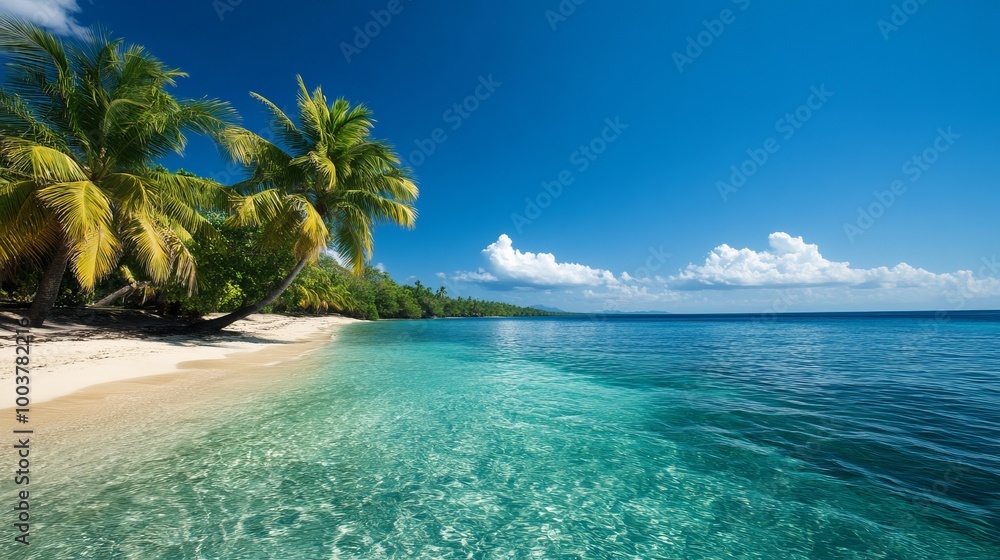 Fototapeta premium Tropical beach with clear water, palm trees, and blue sky, perfect for relaxation and nature views.