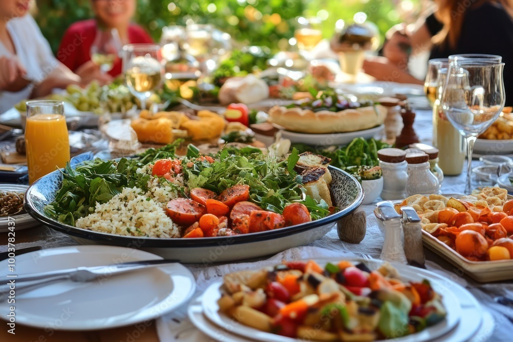 A large platter of fresh salad with rice, roasted vegetables, and bread, is set on a table full of food, plates, glasses, and silverware. A large platter of fresh salad with rice, roasted vegetables, and bread, is set on a table full of food, plates, glasses, and silverware.