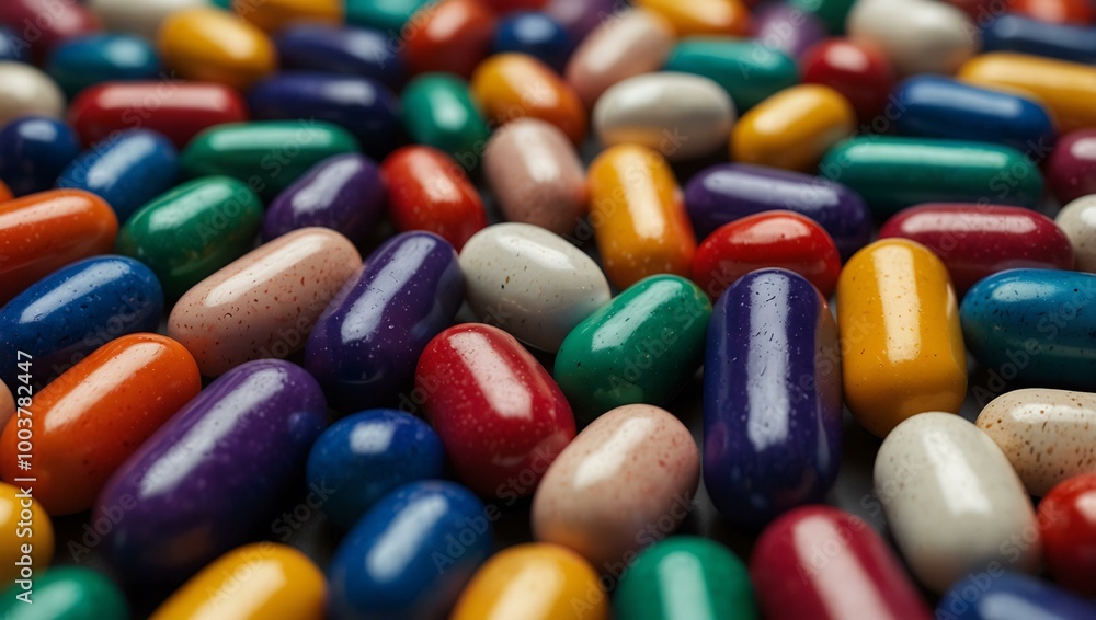 A vibrant display of capsules arranged aesthetically on a smooth surface. A vibrant display of capsules arranged aesthetically on a smooth surface.