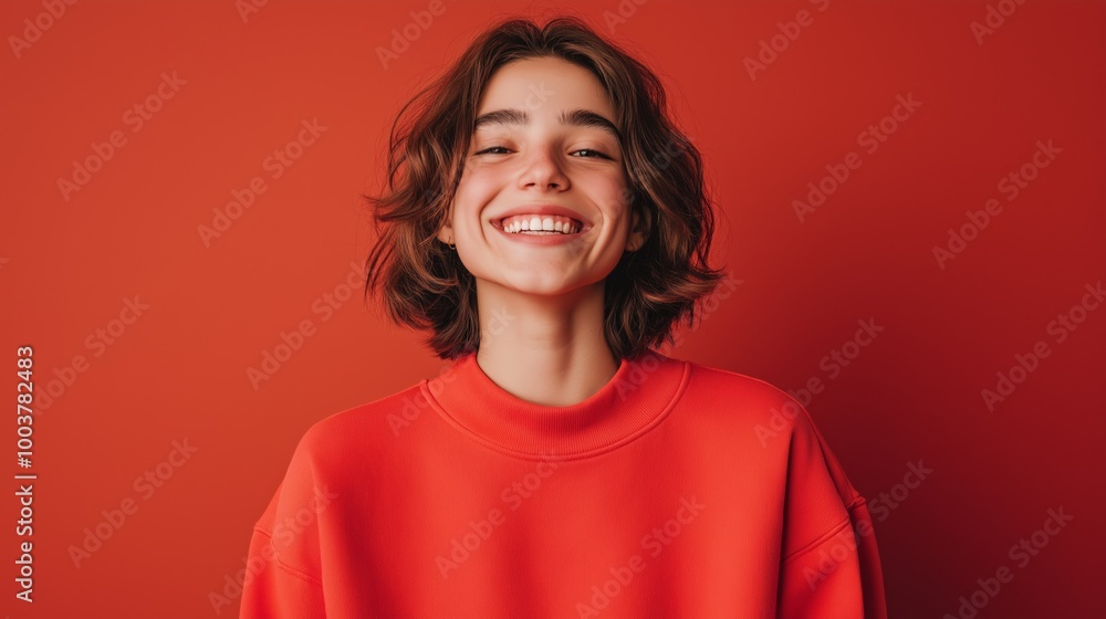 Smiling young person in a vibrant red sweater poses against a matching backdrop, radiating joy and confidence during a cheerful moment. Smiling young person in a vibrant red sweater poses against a matching backdrop, radiating joy and confidence during a cheerful moment.