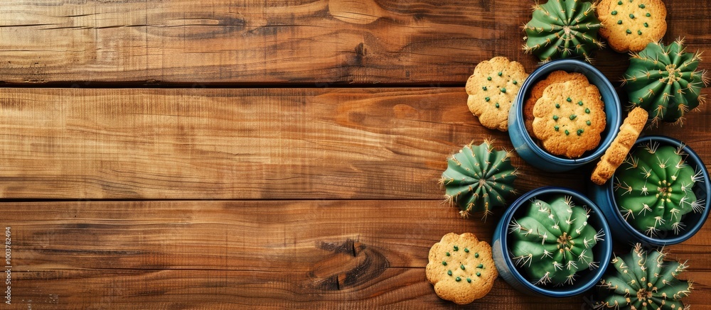 Alphabet biscuits or cookies alongside cactus pots on a wooden floor background. Copy space image. Place for adding text and design Alphabet biscuits or cookies alongside cactus pots on a wooden floor background. Copy space image. Place for adding text and design
