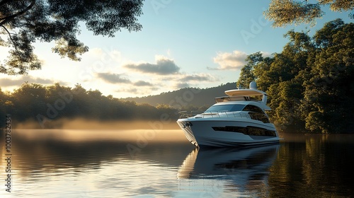 Majestic cabin cruiser on a serene exclusive lake showcasing the pinnacle of luxury and tranquility  