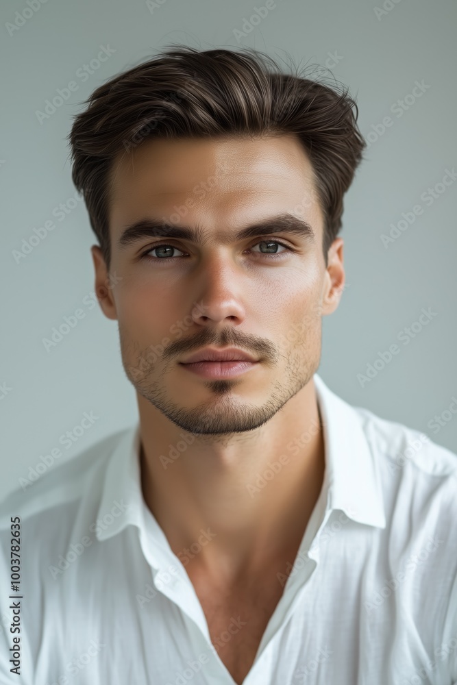 Stylish man in a crisp white shirt poses with confidence in a serene indoor setting Stylish man in a crisp white shirt poses with confidence in a serene indoor setting