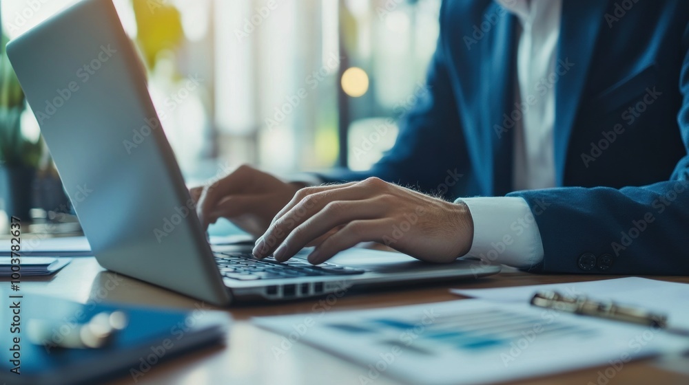 A businessman typing on a laptop at a desk filled with documents and stationery. A businessman typing on a laptop at a desk filled with documents and stationery.