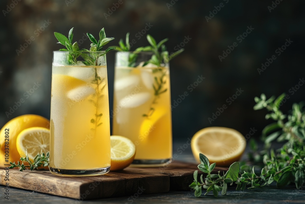 Fototapeta premium Two glasses of lemonade with ice. Perfect for a refreshing summer beverage, this photo depicts a classic drink with a touch of elegance.
