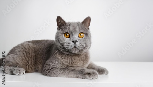 British Shorthair gray cat lying on white table. Looking at copy-space. Banner