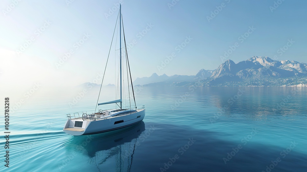 Fototapeta premium Luxurious white sailboat with sleek design and towering mast glides effortlessly across calm turquoise water, majestic backdrop of distant mountain range fading into horizon 