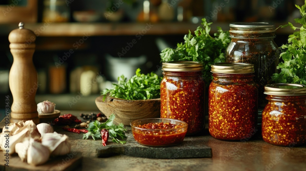 Fresh Homemade Chili Sauce Ingredients and Jars Fresh Homemade Chili Sauce Ingredients and Jars