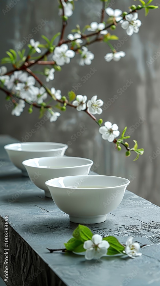 Three white ceramic bowls on a textured surface with blooming white flowers and green leaves in the background. Three white ceramic bowls on a textured surface with blooming white flowers and green leaves in the background.