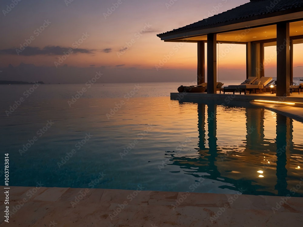 A waterfront villa with a beautifully lit infinity pool at sunset creates an inviting relaxation space. A waterfront villa with a beautifully lit infinity pool at sunset creates an inviting relaxation space.