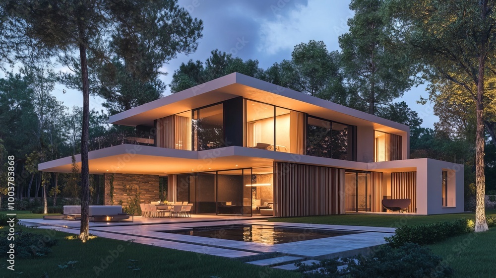 A modern villa with light wood paneling is rendered in 3D. It has a large garden with a pool, and is illuminated by evening light. A modern villa with light wood paneling is rendered in 3D. It has a large garden with a pool, and is illuminated by evening light.