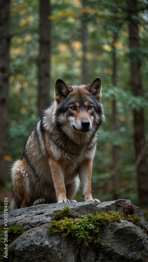 A wild wolf perched on a rock in the forest. A wild wolf perched on a rock in the forest.