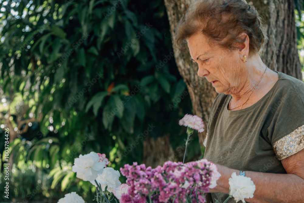 Fototapeta premium senior woman making a bouquet or flower arrangement