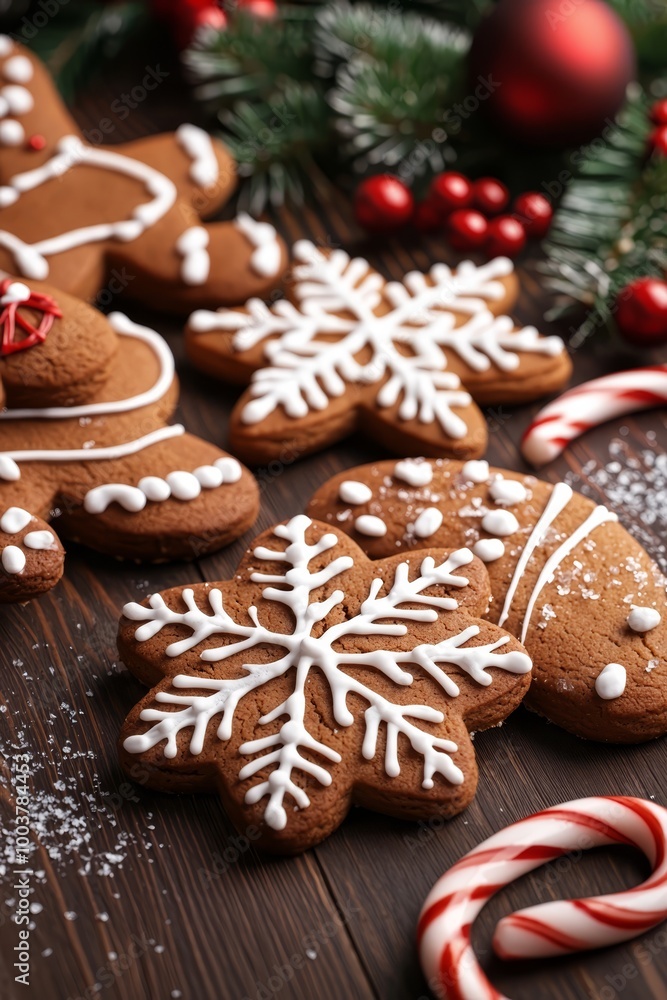 A wooden table is topped with an array of cookies, generously covered in icing Nearby, candy canes stand at attention A wooden table is topped with an array of cookies, generously covered in icing Nearby, candy canes stand at attention
